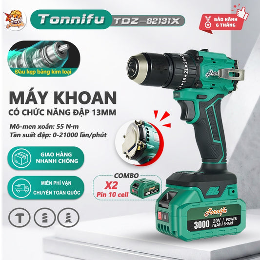 Máy Khoan TONNIFU TDZ 82131X Không Chổi Than 21V Đầu Kẹp 13mm Lực Siết 55N.m Bắt Vít Khoan Có Chế Độ Búa